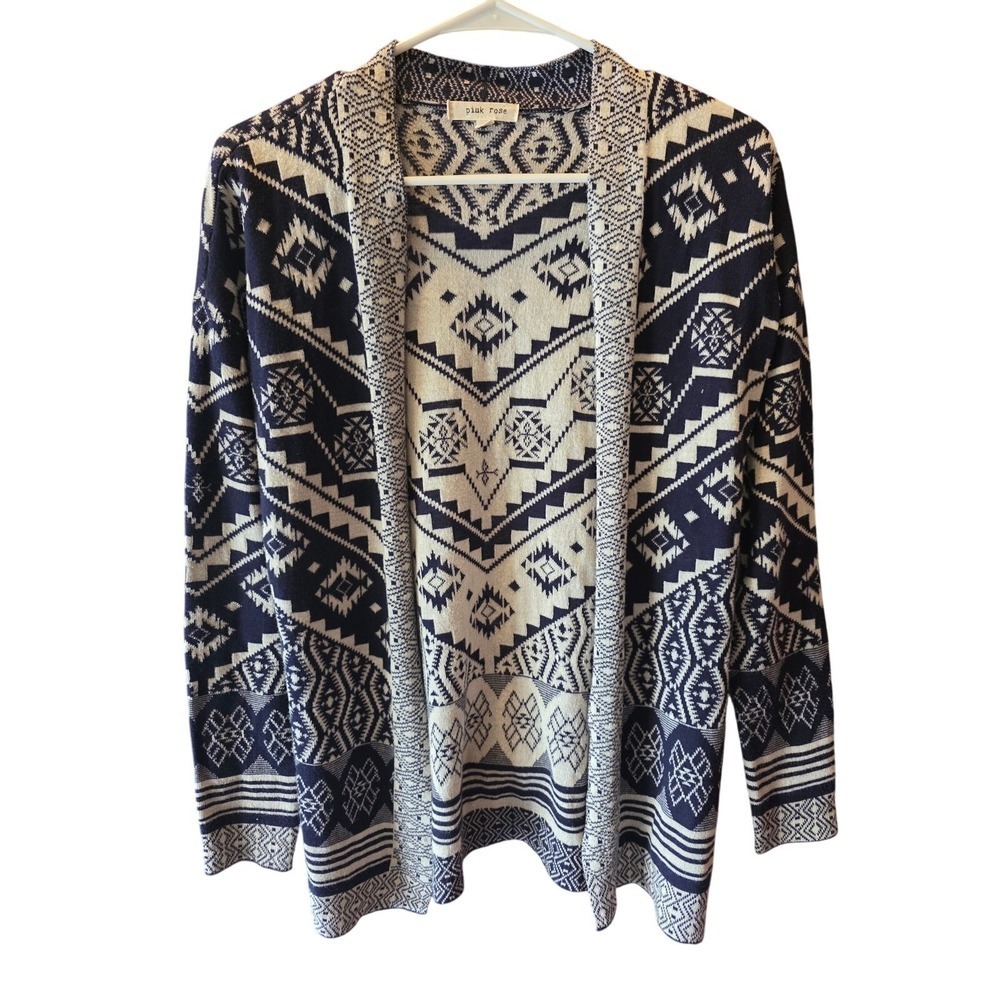 Pink Rose Aztec Cardigan S Womens Blue Long Sleeve Open Front Classic Fall